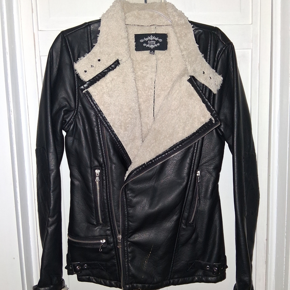 Sebby Black Faux Leather Jacket with Cream Shearling